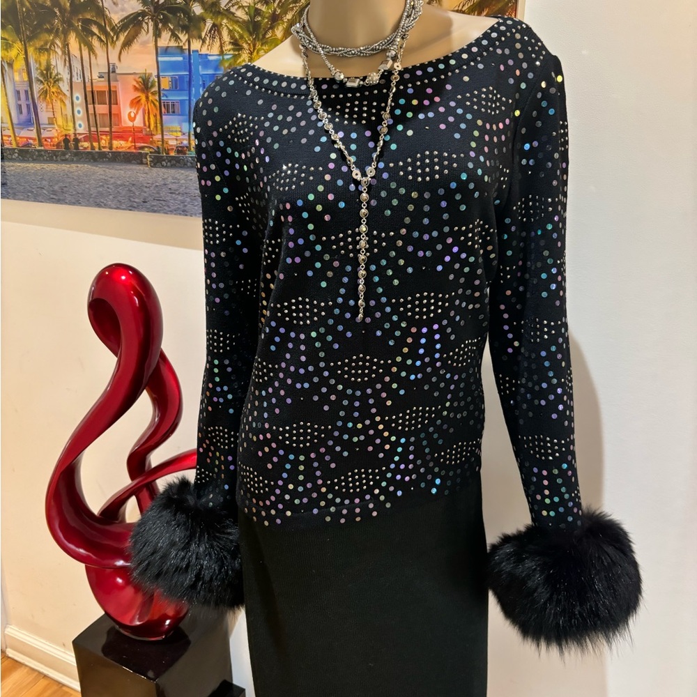 St. John Black blue top evening Fox fur Pattern 12 outfit suit Large